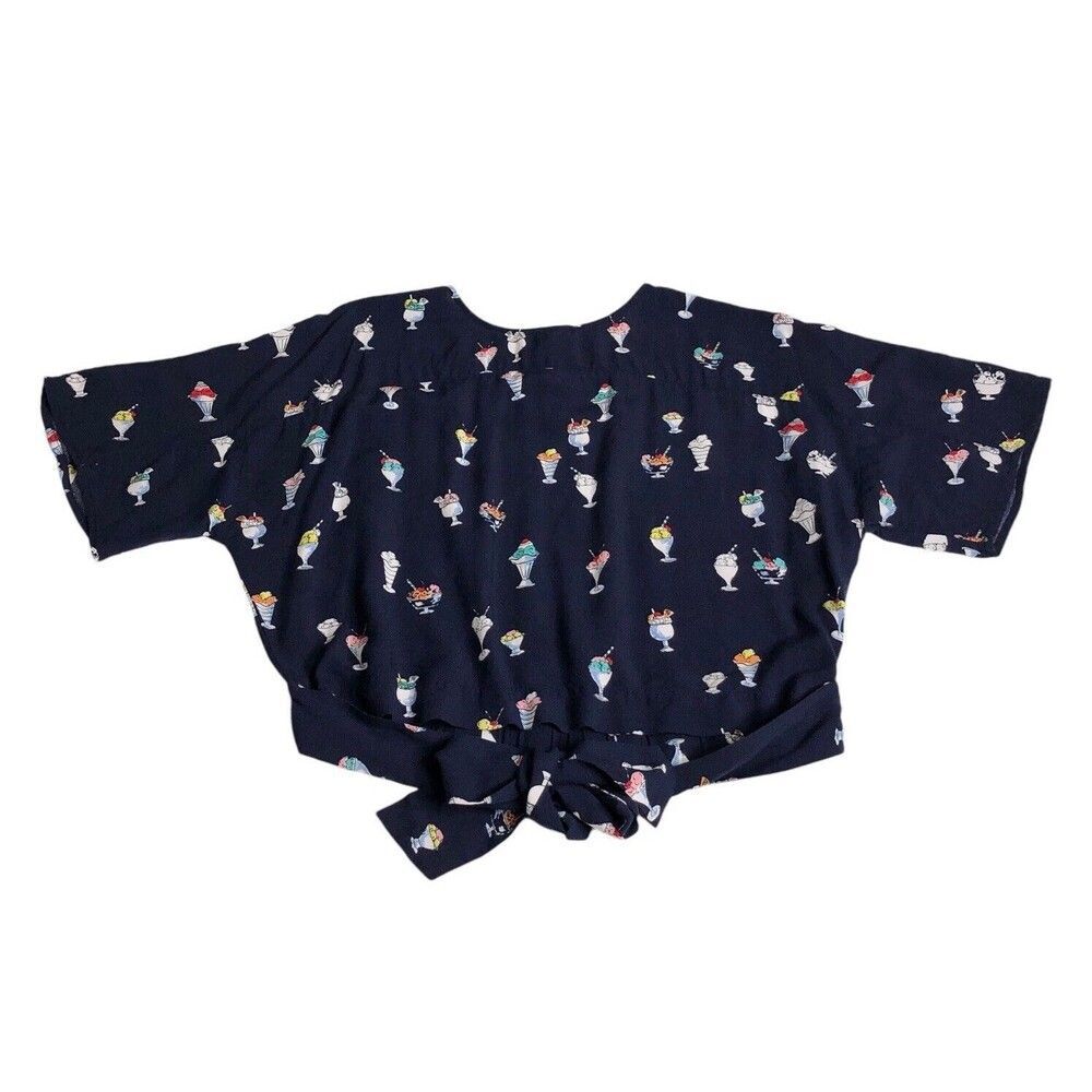 Zara Basic Top Womens M Blue Icecream Novelty Cropped‎ Tie Front Short Sleeve